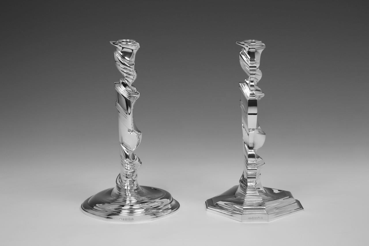 Pair sterling silver candlesticks Style Mix designed and executed by silversmith Wouter van Baalen, Amsterdam 2020