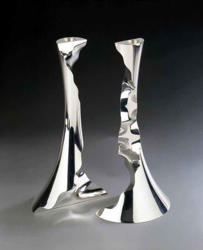 Pair of sterling silver candlesticks Sinus III, designed and executed by silversmith Wouter van Baalen, Schoonhoven 2003