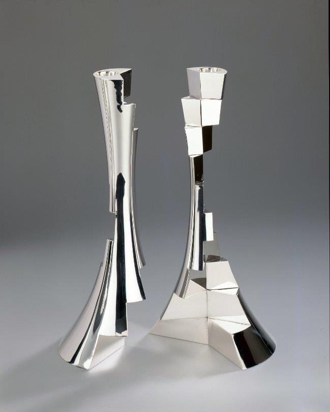 Pair of sterling silver candlesticks Sinus V, designed and executed by silversmith Wouter van Baalen, Schoonhoven 2002