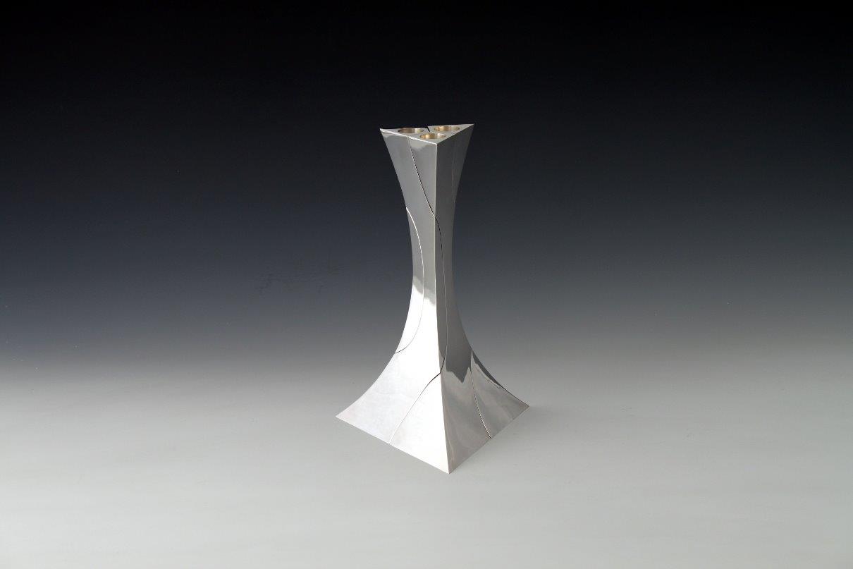 Sterling silver candlesticks Threefold triangle, designed and executed by silversmith Wouter van Baalen, Amsterdam 2010