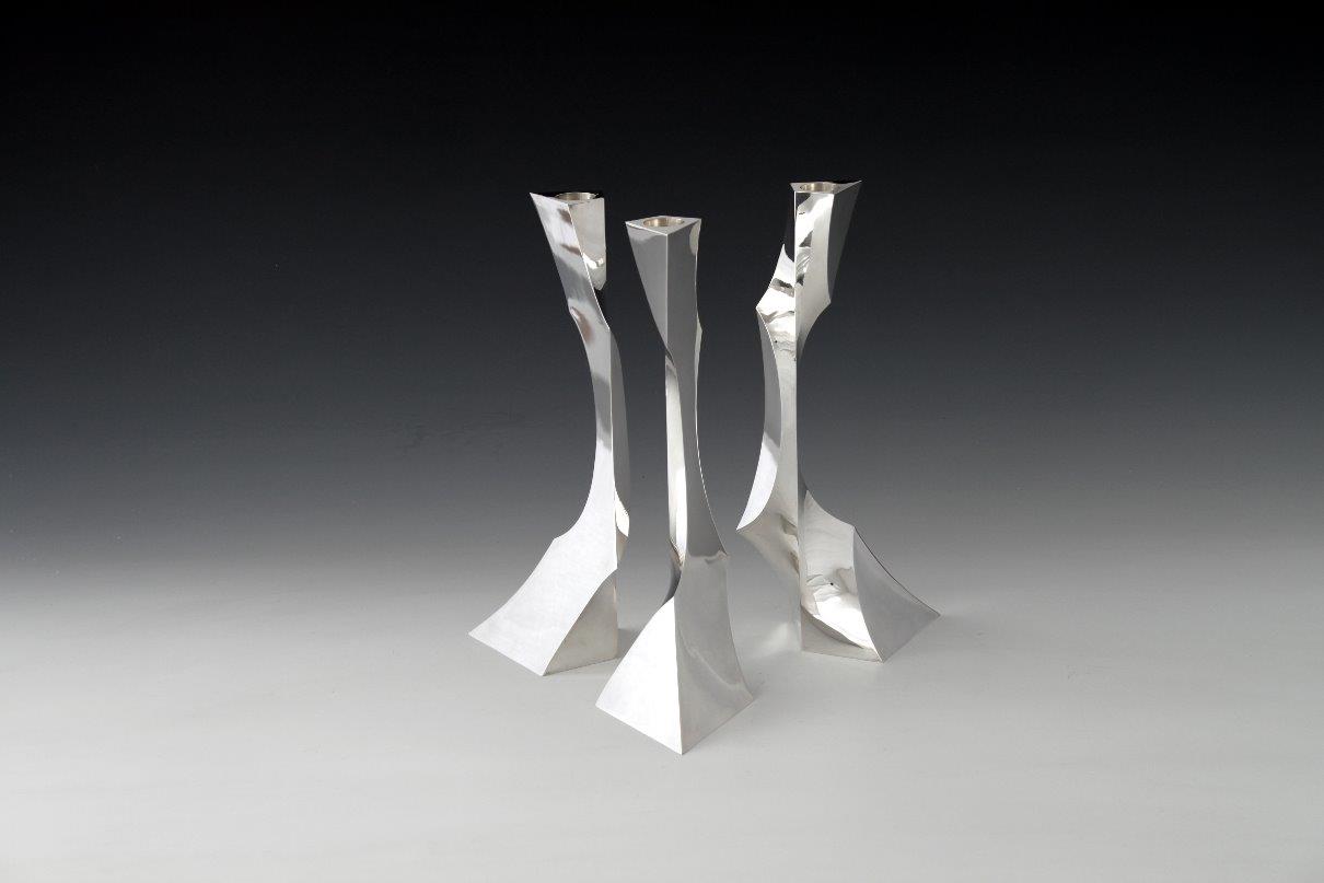 Silver candlesticks Threefold triangle, designed and executed by silversmith Wouter van Baalen, Amsterdam 2012