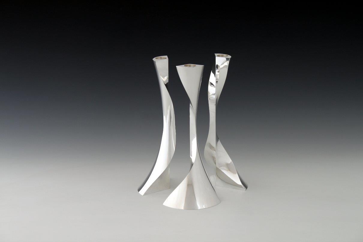 Sterling silver candlesticks Threefold round, designed and executed by silversmith Wouter van Baalen, Amsterdam 2008